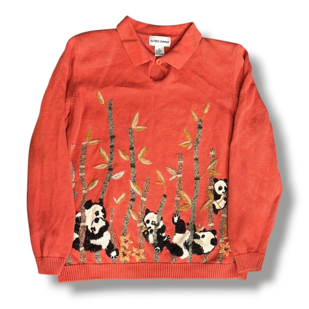 Embroidered Panda Sweater Orange Bamboo Novelty Knit Collared Whimsical Vintage